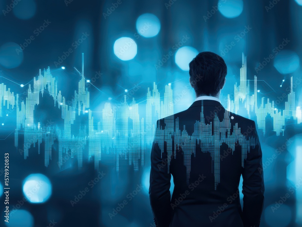 Poster business manager presentation concept. businessman analyzing data with digital graphs and blue bokeh