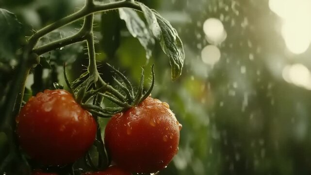 Fresh Tomatoes on Vine Being Watered in Garden