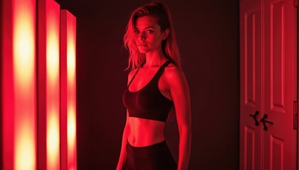 Young woman stands near red light therapy panels. Fitness wellness treatment, beauty and rejuvenation. Activewear, skincare and futuristic tech enhance health and vitality.