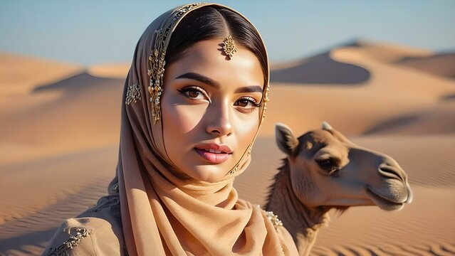 Close-up of a graceful Muslim woman in traditional hijab with camel, golden desert dunes in background, cultural and ethnic beauty in Middle Eastern landscape