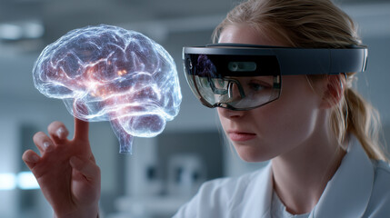 Medical student wearing AR glasses interacting with a detailed 3D holographic brain in a modern lab. Clean, realistic scene for educational and tech use.