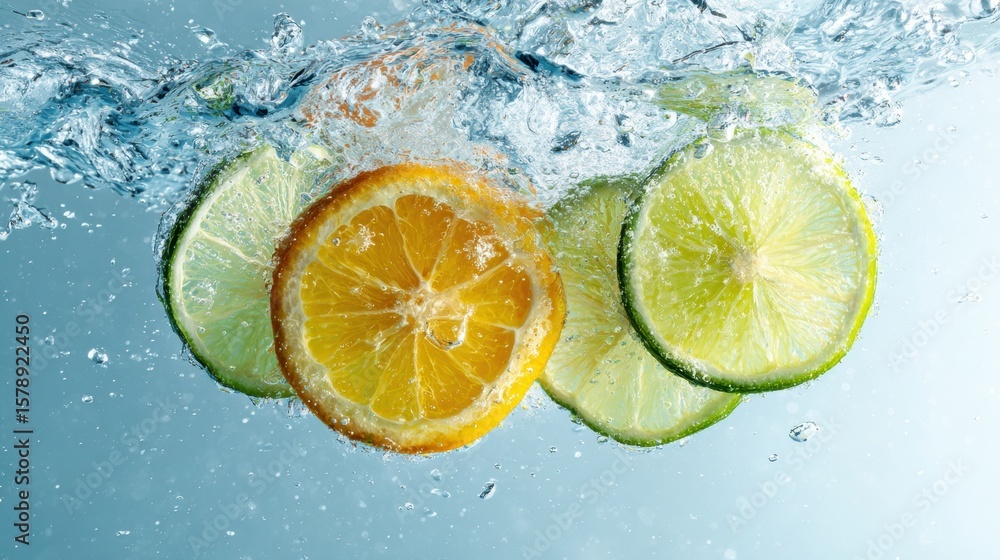 Aufkleber citrus slices create a refreshing splash in water, capturing a joyful and airy mood in a vibrant top