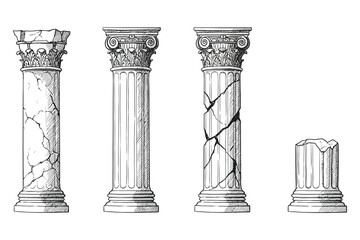 Ink-drawn broken classical pillars in Corinthian style with fluted shafts and damaged capitals, evoking ruins of ancient temples, heritage monuments, or archeological sketches, perfectly suited