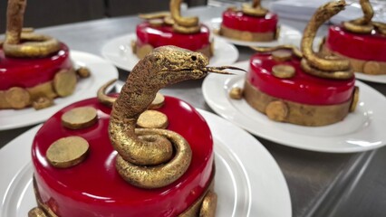 Elegant Desserts with Golden Snake Decorations and Red Mirror Glaze