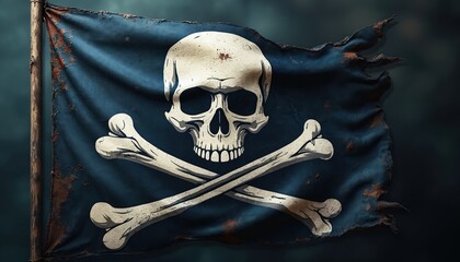 Close-up of weathered pirate flag with skull crossbones design. Symbol of danger, piracy, adventure. Tattered, dark, gothic, historical flag represents rebellion on nautical maritime ocean theme.