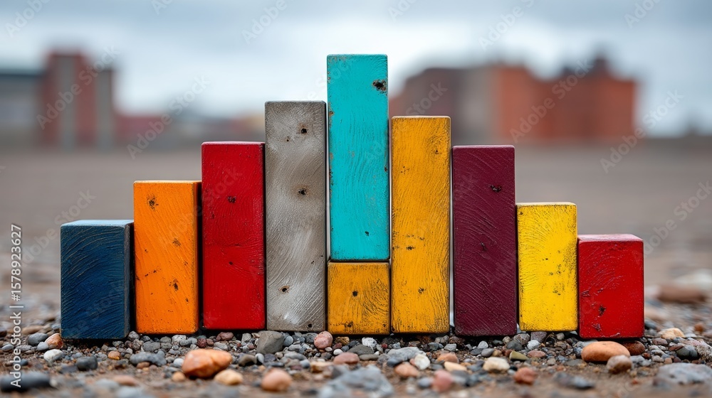 Poster row of colorful wooden blocks arranged in a pyramid shape. the blocks are of different colors and si