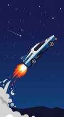 Fototapeta premium Futuristic Car Launching into Space with Flames and Stars in the Night Sky Illustration