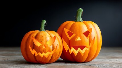 Two pumpkins with scary faces carved into them. Scene is spooky and Halloween-themed