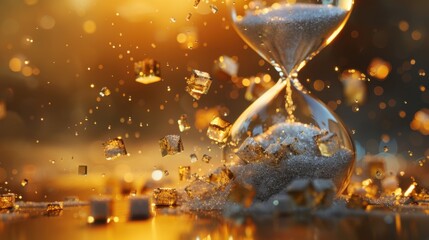 A broken hourglass with sugar cubes instead of sand, swept away by a golden breeze, symbolizing fleeting sweetness

