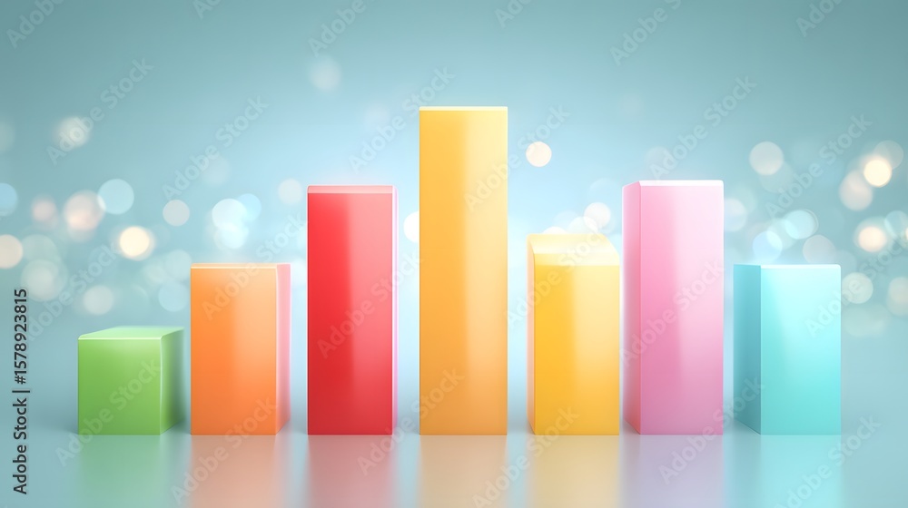 Poster a colorful 3d bar chart with seven vertical bars of varying heights on a reflective surface, set aga