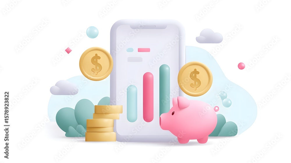 Poster a piggy bank with coins and a smartphone showing a financial app with bar charts, symbolizing saving