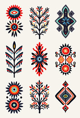 Obraz premium A collection of stylized folk art motifs, featuring abstract floral and leaf designs in a vibrant color palette, perfect for decorative patterns, textiles, or cultural graphics. 