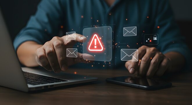 Cybersecurity Threat Alert: Man Interacting with Digital Warning Sign and Email Icons