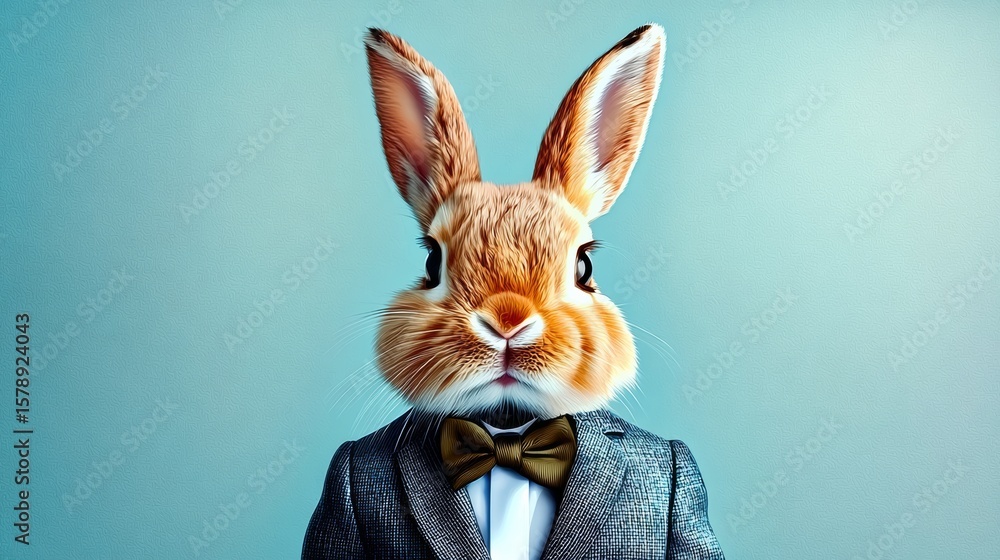 Poster rabbit wearing a suit and tie is the main focus of the image. the rabbit is wearing a bow tie and he