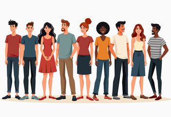 Obraz premium A group of diverse people in casual attire, standing side-by-side and looking in the same direction, symbolizing unity, shared purpose, and collective identity. 