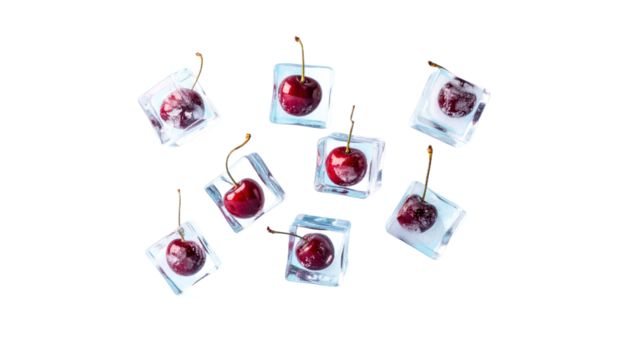 Group Of Red Cherries Within Ice Cubes Floating Against A Black Background Transparent Isolated Background