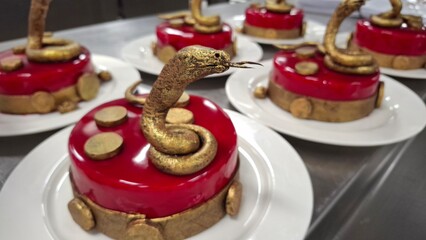 Elegant Desserts with Golden Snake Decorations and Red Mirror Glaze