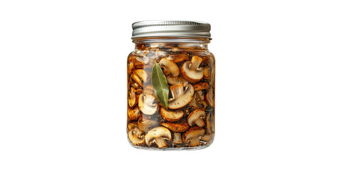 Jar Of Pickled Mushrooms With Bay Leaf. Gourmet Preserved Food For Culinary Use Isolated On Transparent Background