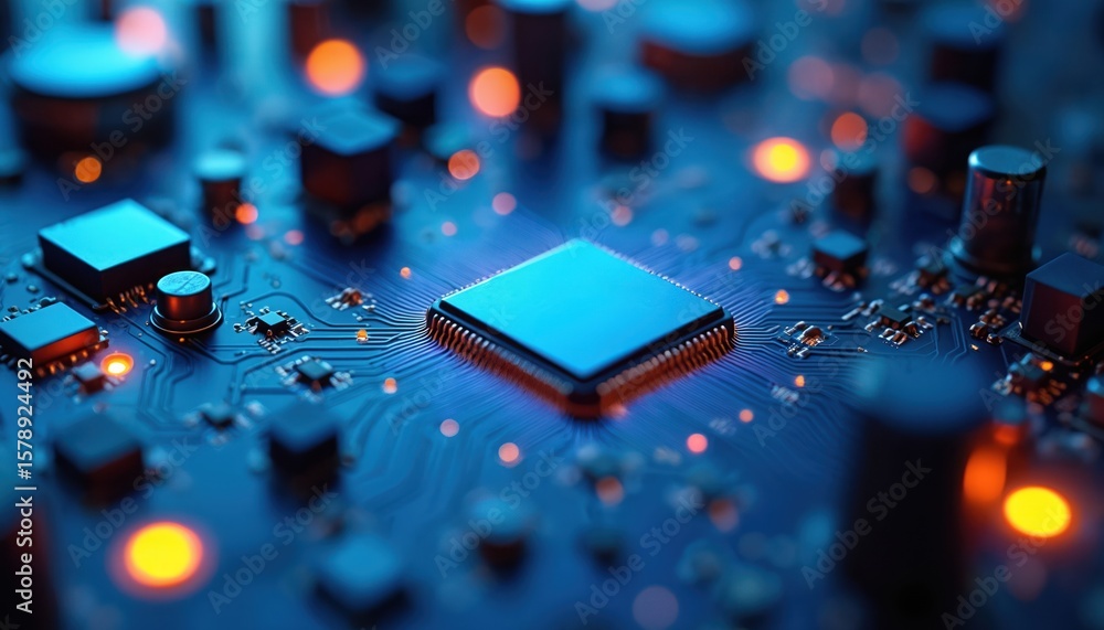 Aufkleber macro view of blue circuit board with bright glowing components. high-tech microchip close-up. digit