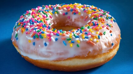 A single, delicious donut with pink icing and rainbow sprinkles on a blue background.