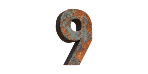 Rustic Metal Number Nine Sculpture. Industrial Design And Aesthetic Appeal Isolated On Transparent Background
