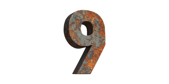 Rustic Metal Number Nine Sculpture. Industrial Design And Aesthetic Appeal Isolated On Transparent Background