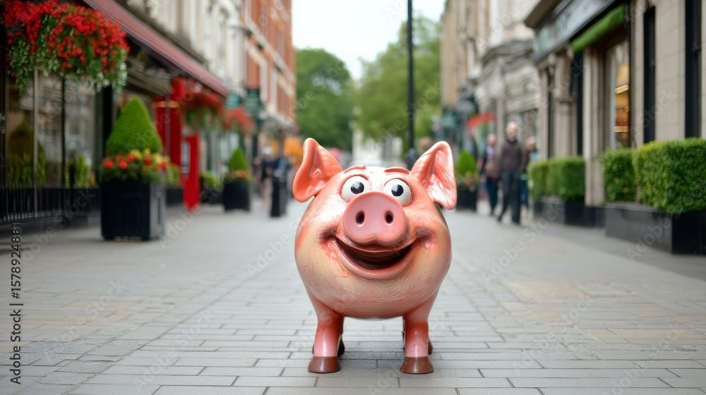 Poster pig statue is standing on a sidewalk in front of a building. the pig is smiling and he is happy