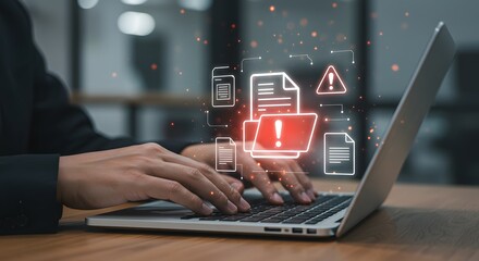 Data Security Breach Alert: Business Professional Working on Laptop with Warning Icons