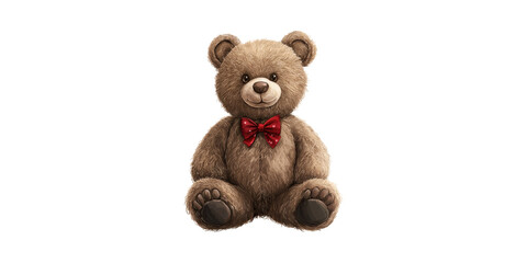 Cute Teddy Bear With Red Bow Tie. Symbol Of Childhood And Comfort Isolated On Transparent Background