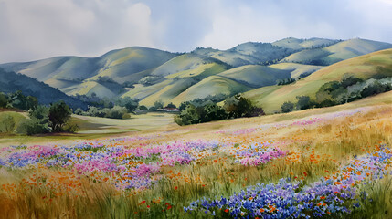 Fototapeta premium Floral meadow and verdant hills