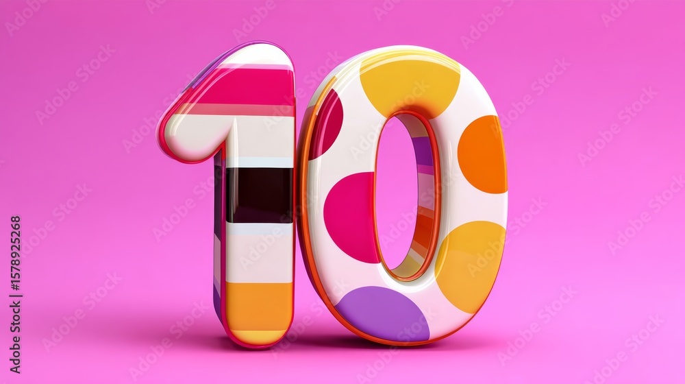 Aufkleber the number 10 is in a colorful, playful style. it is surrounded by a pink background. the design of 