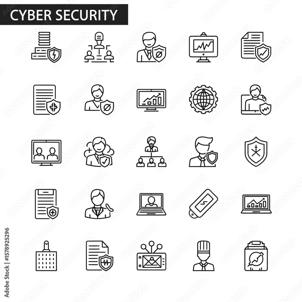 Poster a comprehensive set of cybersecurity icons covering essential elements of online safety and informat
