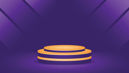 Elegant golden podium on rich purple background with spotlights and shadows, perfect for luxury product showcase, presentation stage, event backdrop or premium branding visuals.