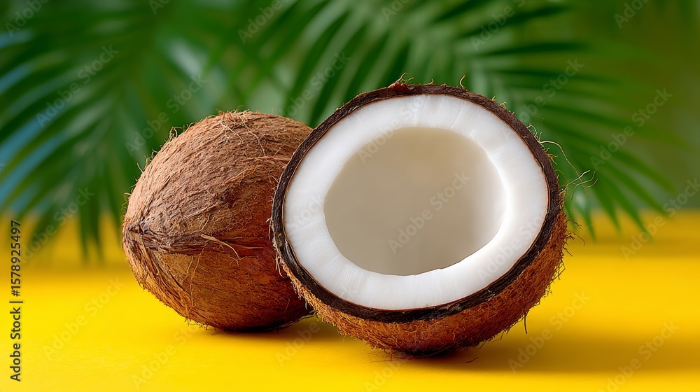 Poster two coconuts are on a yellow surface. one is whole and the other is cut in half