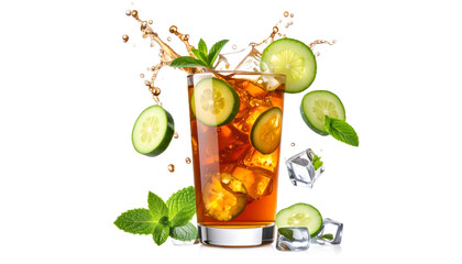 Iced Tea With Cucumber Slices Mint Leaves and Ice Cubes on Black Background Isolated Transparent Background