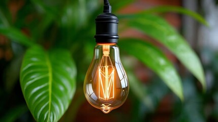Light bulb is hanging from a plant. The bulb is lit and the light is shining on the plant