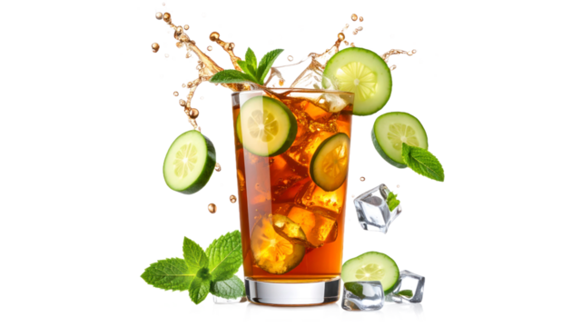 Iced Tea With Cucumber Slices Mint Leaves and Ice Cubes on Black Background Isolated Transparent Background