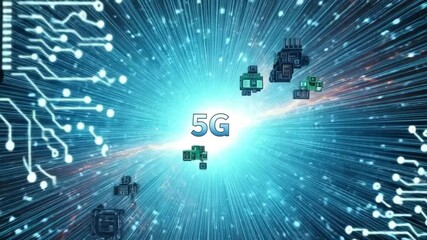 Digital 5g technology concept displaying circuit boards and data transmission visuals in a futuristic style 4K Ai HD video.
 - Powered by Adobe