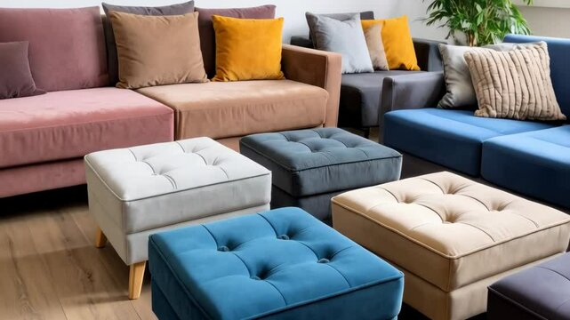 Interior shot showcasing a colorful collection of plush ottomans and modular sofas creating a stylish and comfortable living space with natural light.