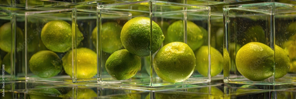 Poster floating limes suspended in geometric glass cubes create a surreal and intriguing composition
