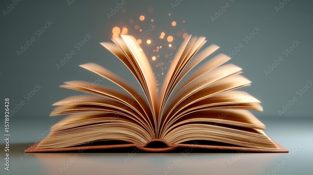 Aufkleber book is open to a page with a bright light shining on it. the light is creating a beautiful and myst