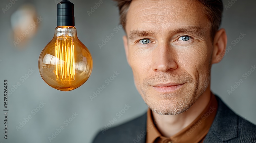 Poster man is smiling and looking at the camera with a light bulb in the background. the light bulb is yell
