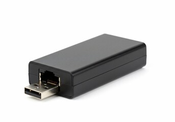 Black USB Ethernet Adapter on White Background