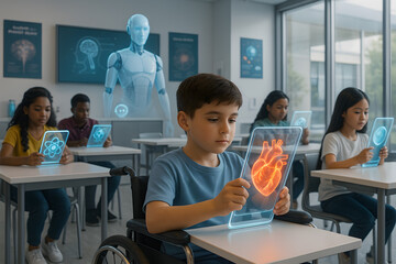 Diverse Students Using Hologram Tablets in Futuristic Classroom with Robot Teacher – Inclusive STEM Learning, Augmented Education, Virtual Science Lab