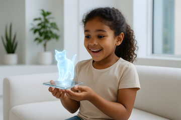 Happy Child Interacting with Holographic Cat on Smartphone – Futuristic Augmented Reality Pet App Experience for Kids in Bright Modern Home