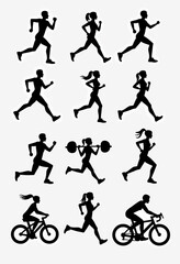 A collection of black silhouette icons representing various running poses and figures, including a weightlifter and cyclist, symbolizing an active and healthy lifestyle.
