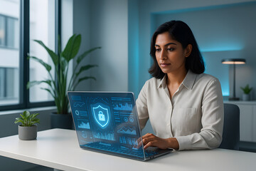 Focused Woman Using Holographic Cybersecurity Interface on Laptop – Digital Protection, Data Analytics, and Future Technology in Modern Office Workspace