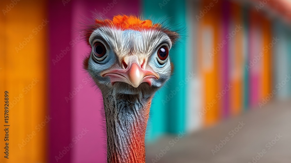 Poster colorful bird with a red beak and orange feathers is staring at the camera. the bird's head is tilte