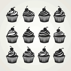 A pattern of black silhouettes of cupcakes with cherries on top, arranged in rows, perfect for baking-themed designs, party invitations, or sweet confectionery graphics.
