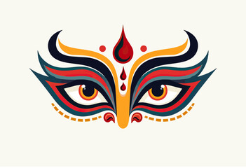 A stylized illustration of Hindu deities, possibly a depiction of a divine feminine form or goddesses, with prominent facial features, ornate headdresses, and traditional Indian attire, representing s